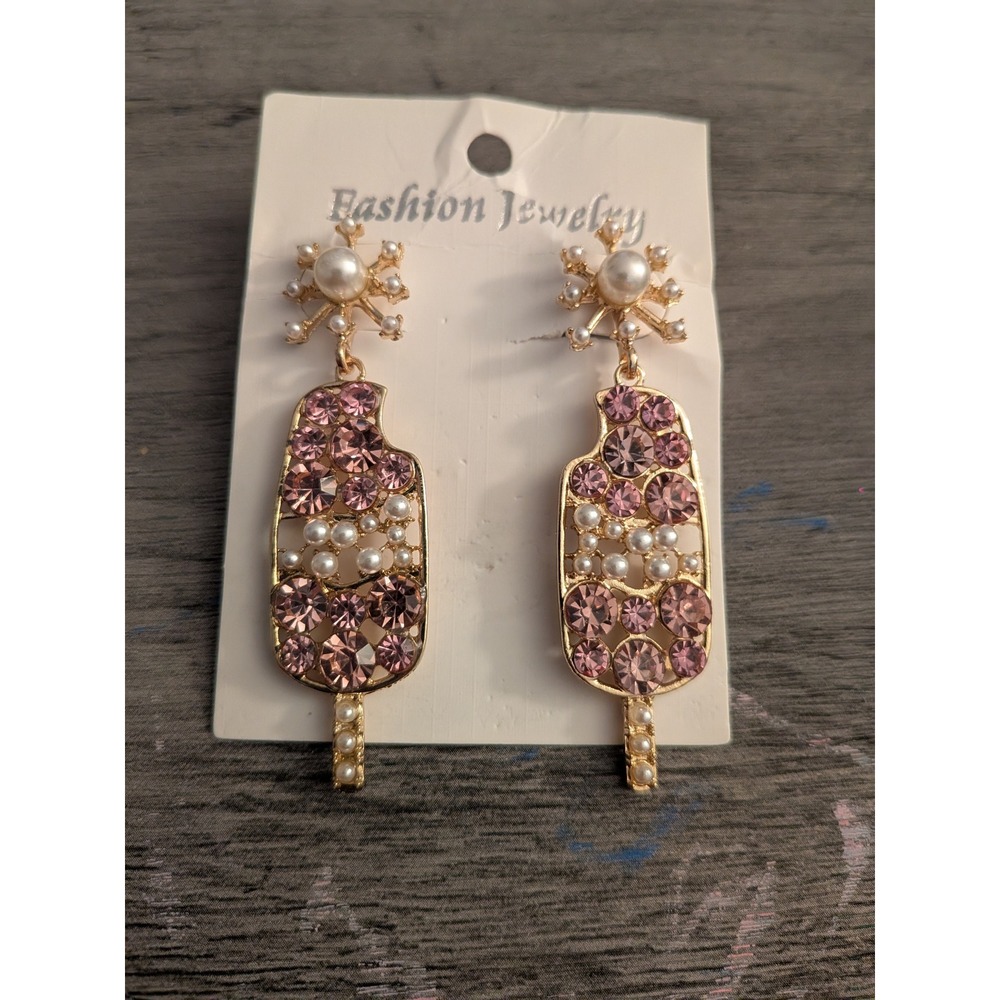 Gold Tone Pink Rhinestone Faux Pearl Popsicle Dangle Statement Earrings New